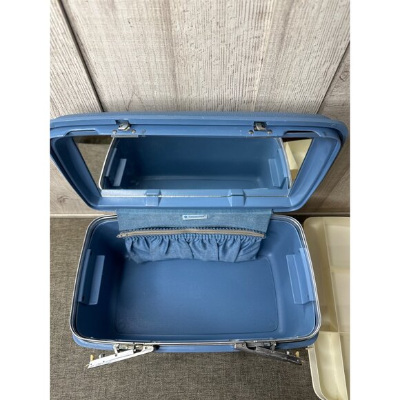 Vintage Samsonite Blue Makeup Train Case With Mirror and Tray Cosmetic Suitcase - Picture 6 of 15